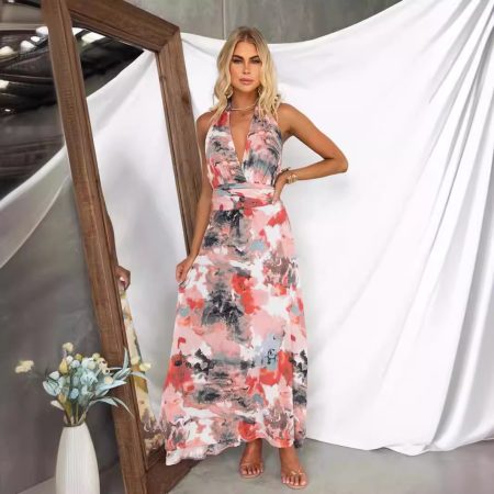 Printed Tied V-neck Waist-tight A- Line Dress